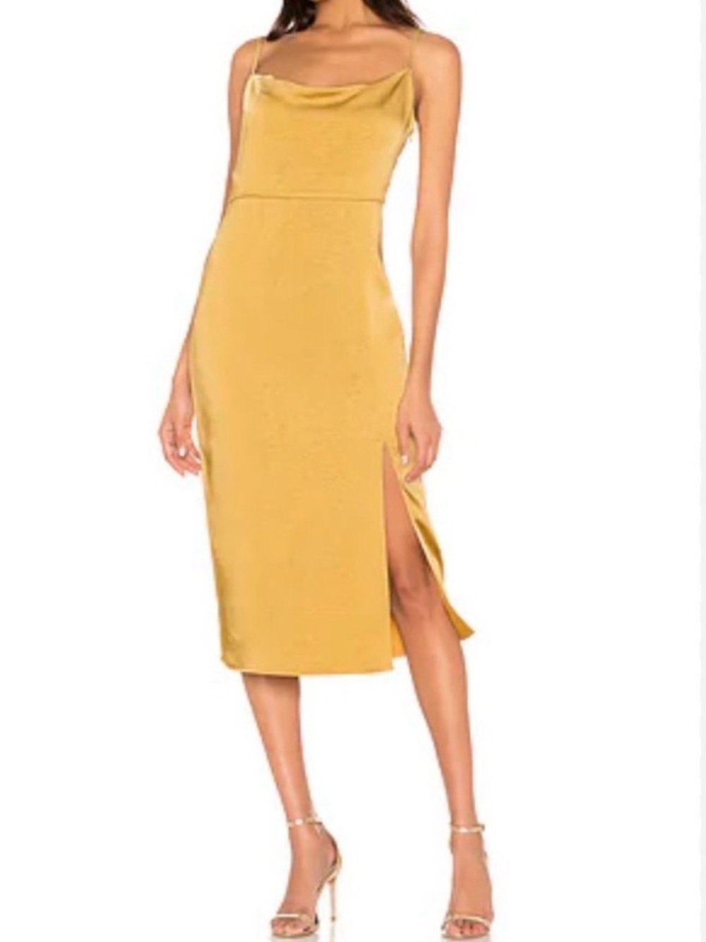 Heartloom Satin Cowl Neck Midi Dress in Mustard Yellow